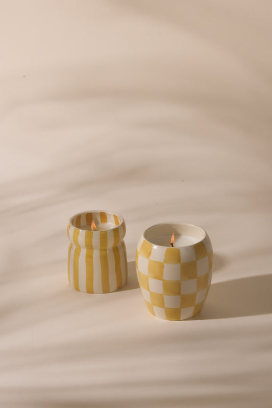 6.5 Oz Cabana Ochre Striped Ceramic Candle - Gold Coast