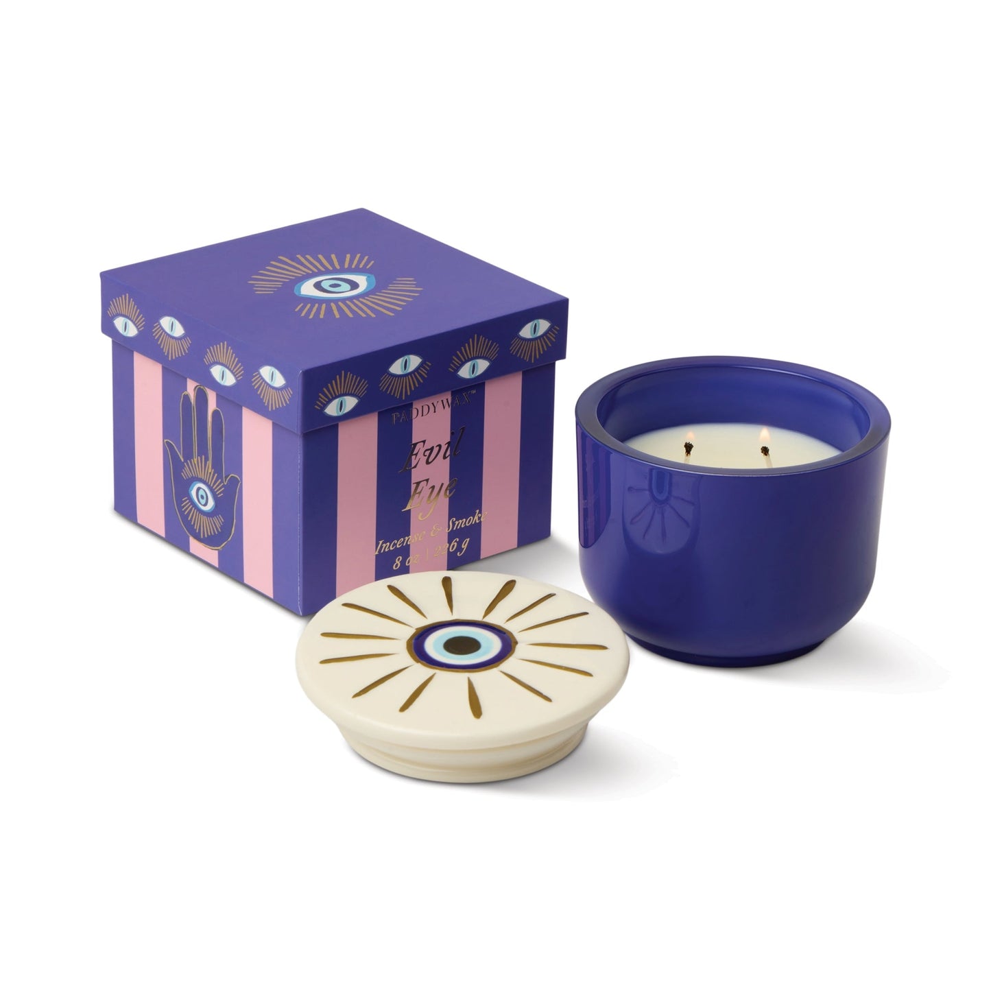 Charmed 8oz/226g Blue Glass Candle with Evil Eye Ceramic - Incense & Smoke