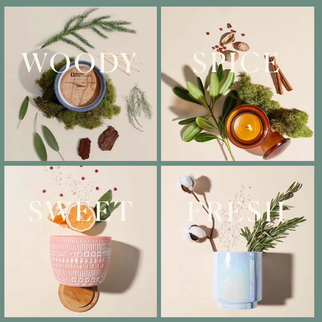 Woody, spice, sweet, and fresh candle images.
