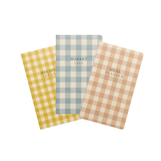 Set of three yellow, blue, and brown gingham planners.