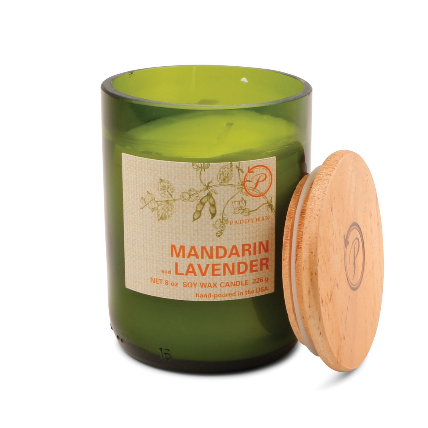 Green glass candle with a wooden lid and printed sticker on the front.