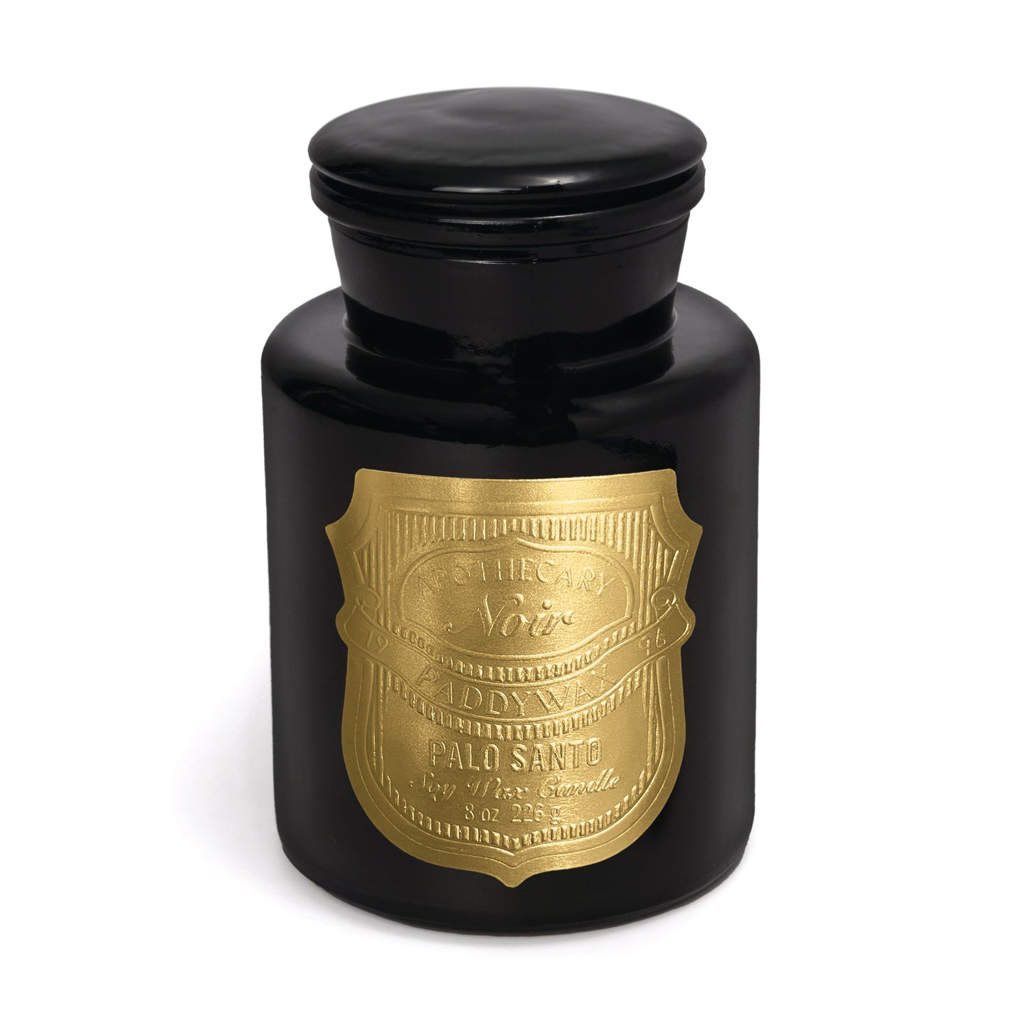 Apothecary Noir - Palo Santo 8oz candle on a white background.