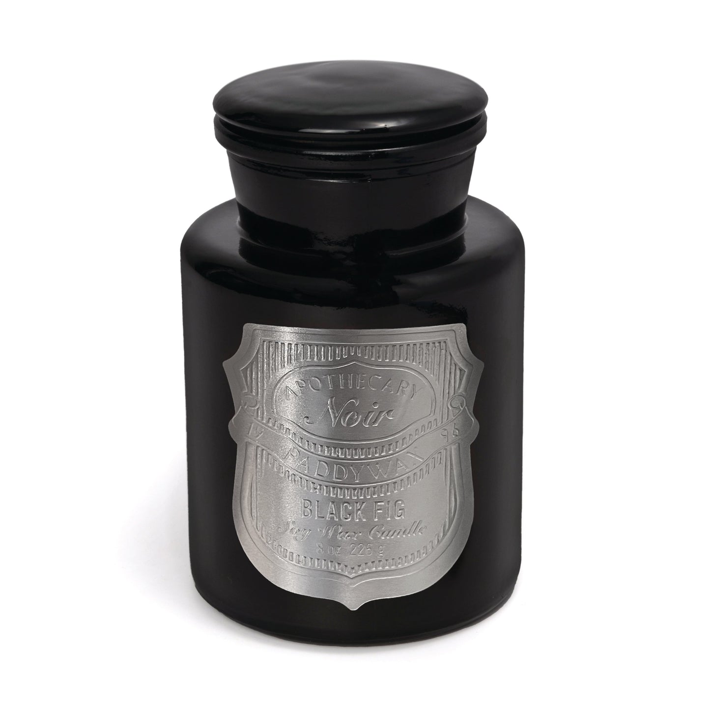 Apothecary Noir - Black Fig 8oz candle on a white background.