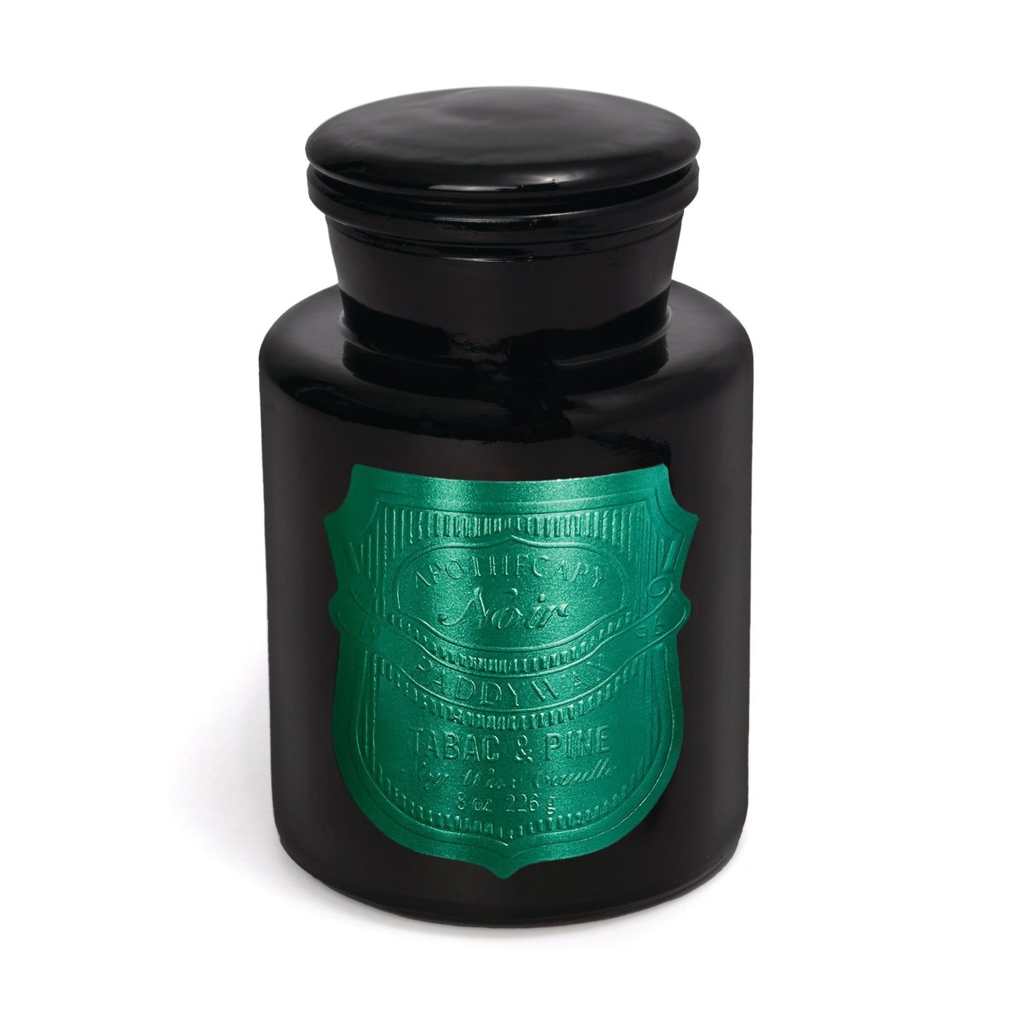 Apothecary Noir - Tabac & Pine 8oz candle on a white background.