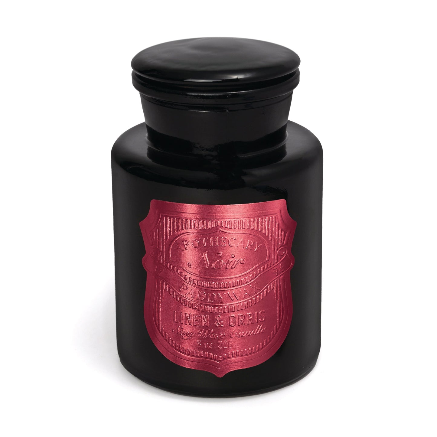 Apothecary Noir - Linen & Orris 8oz candle on a white background.