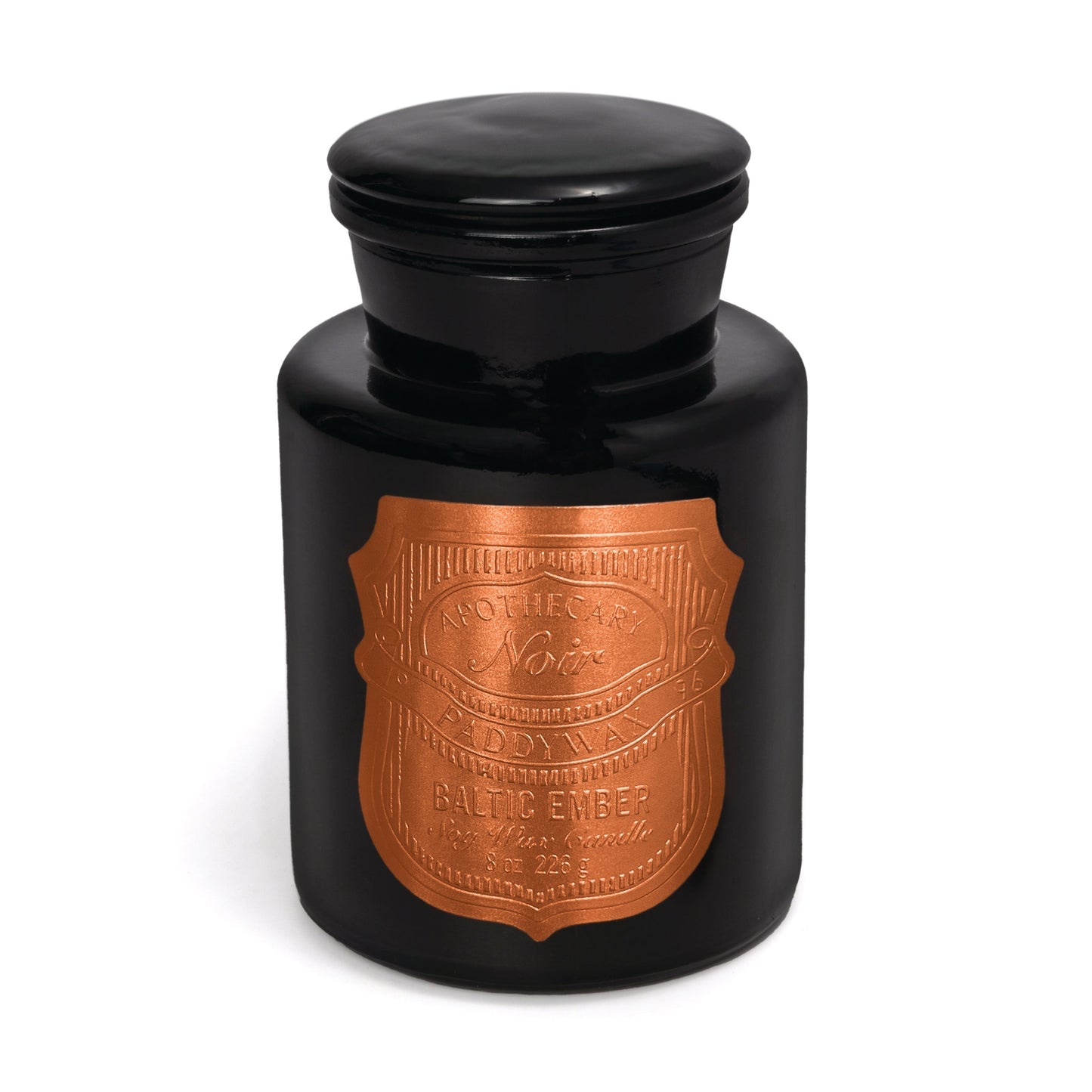 Apothecary Noir - Baltic Ember 8oz candle on a white background.
