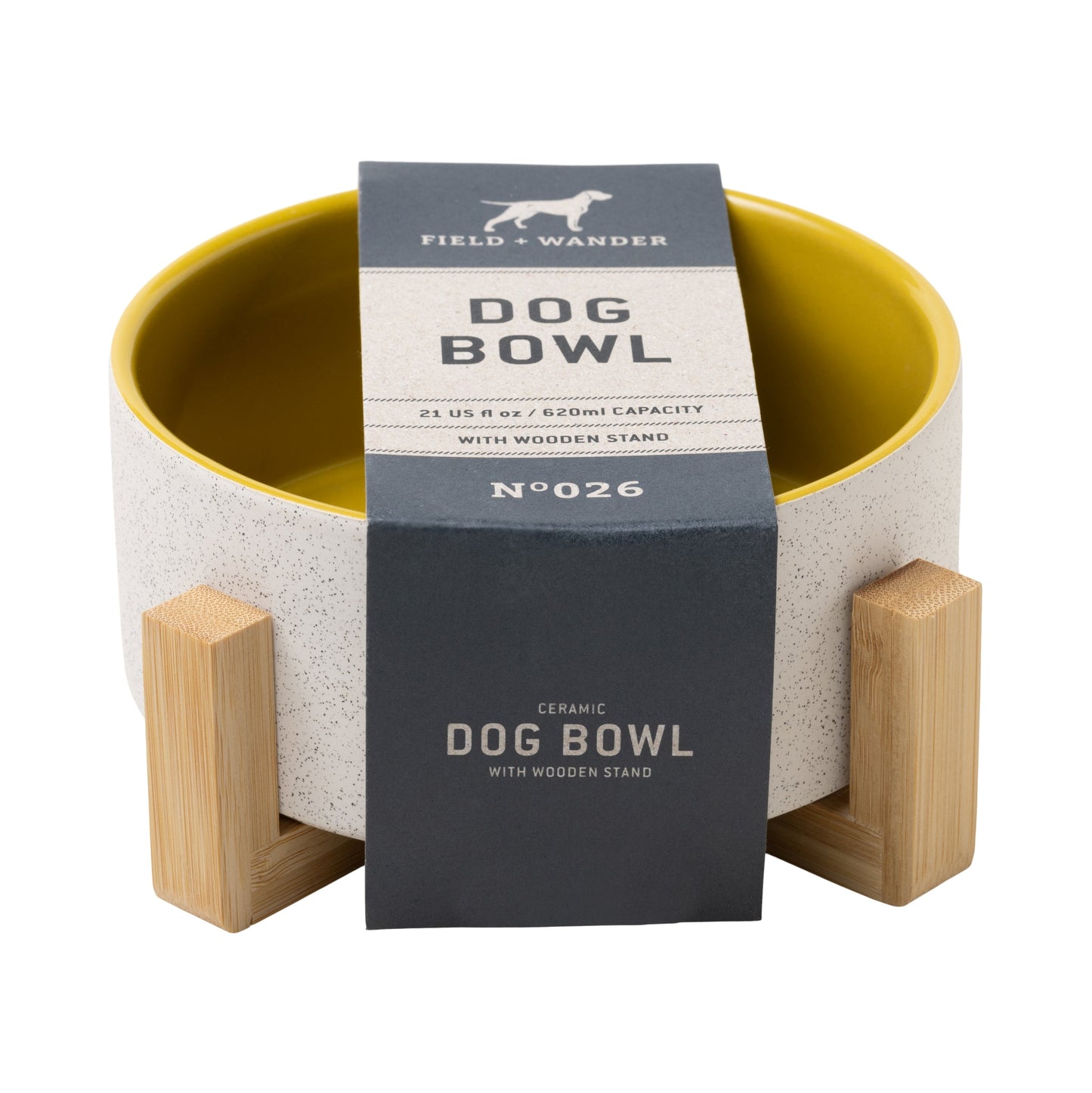 Dog Bowl with Wooden Stand - Yellow