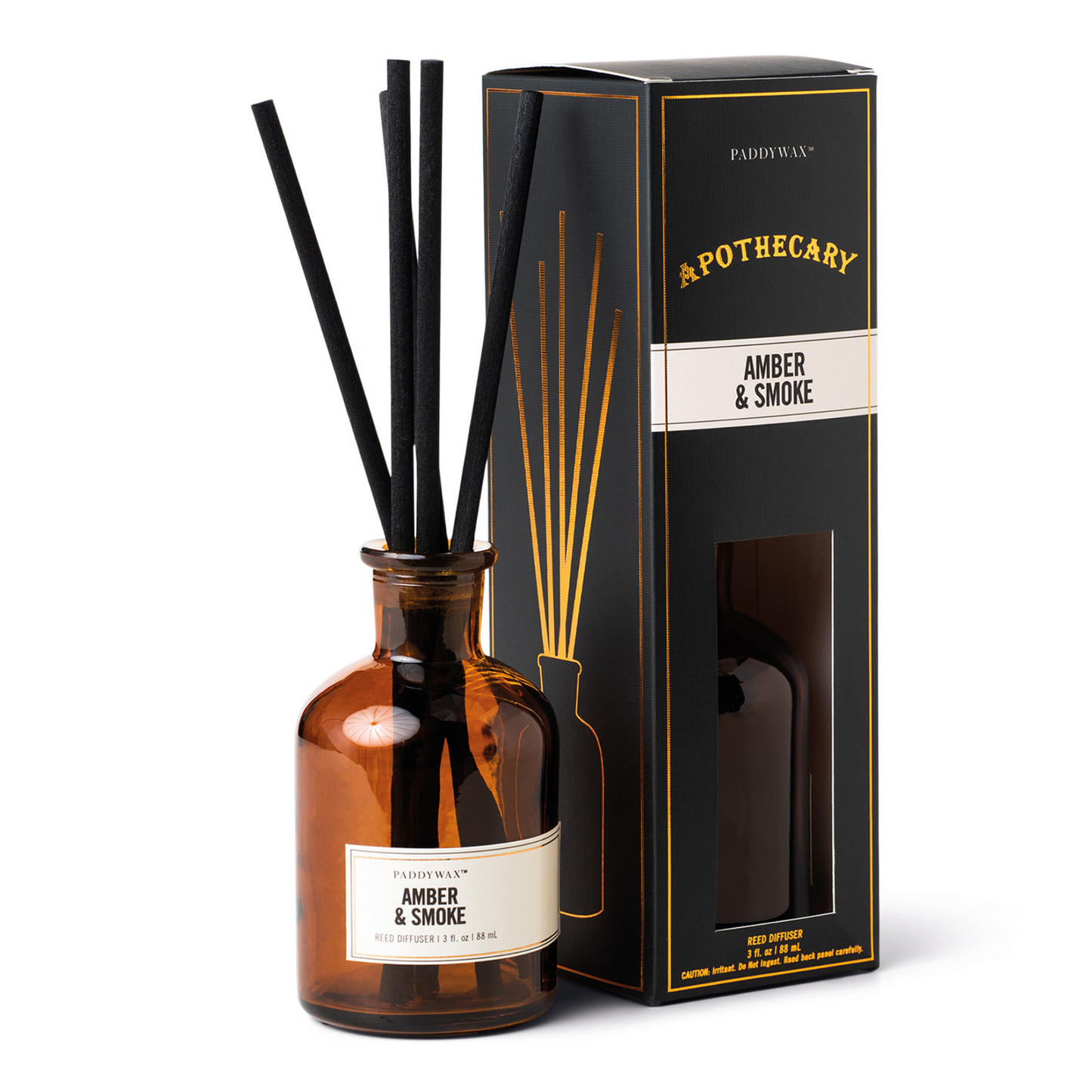 Amber coloured bottle with a tall black box next to it.