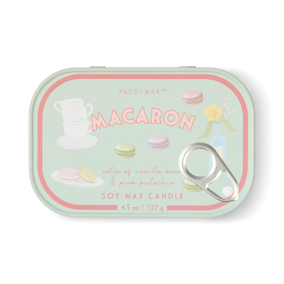 Paddywax Bistro 4.5oz/127g Macaron Printed Tin Candle - Amber & Pistachio
