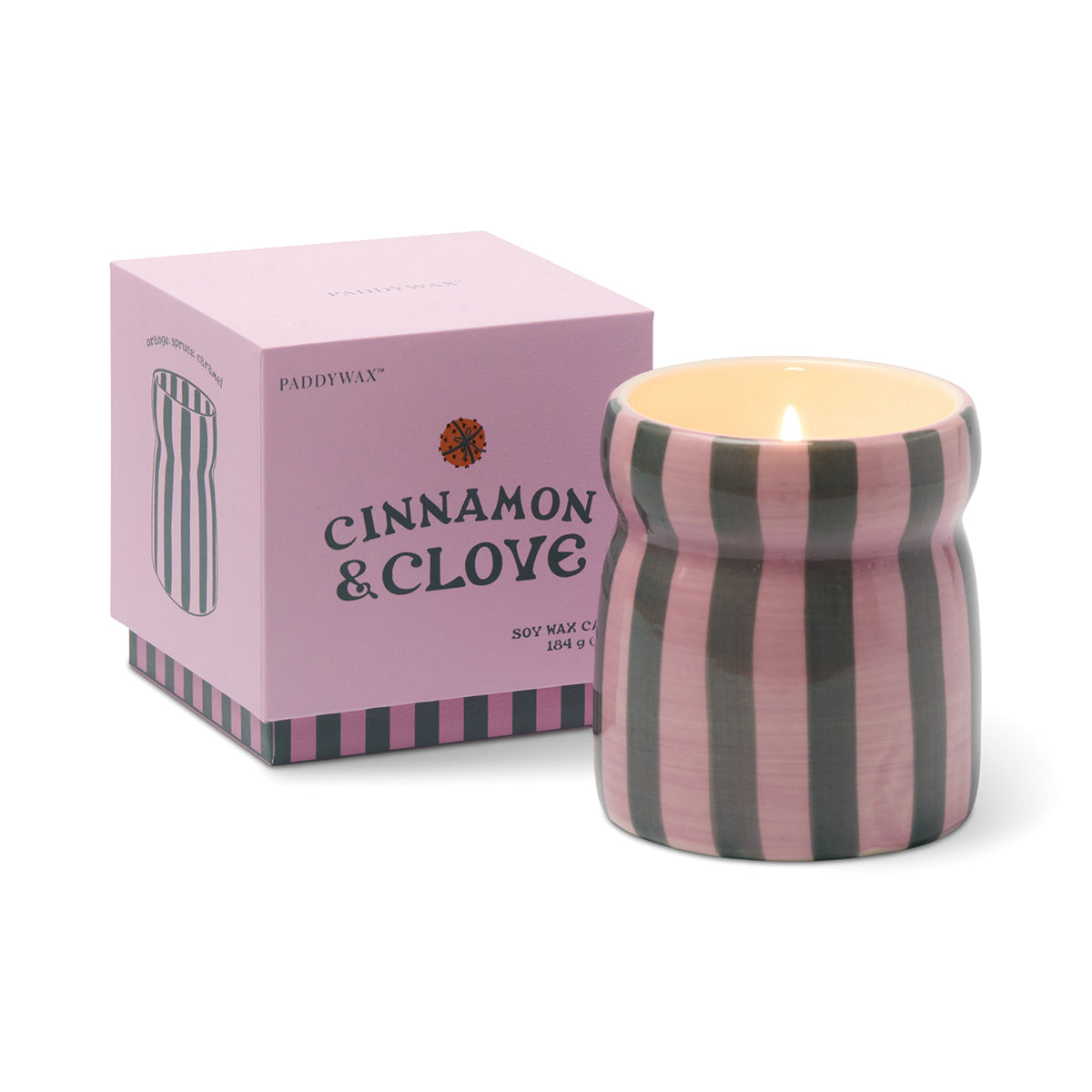 Paddywax Cabana Christmas 6.5oz/184g Pink/Green Striped Ceramic Candle - Cinnamon & Clove