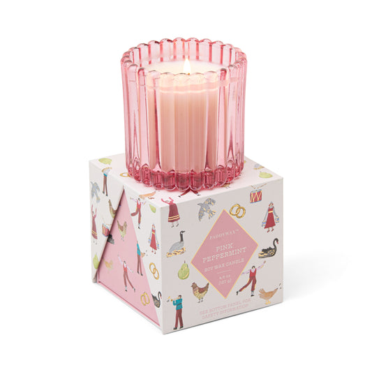 Christmas 4.5oz/127g Ribbed Glass Candle - Pink - Pink Peppermint