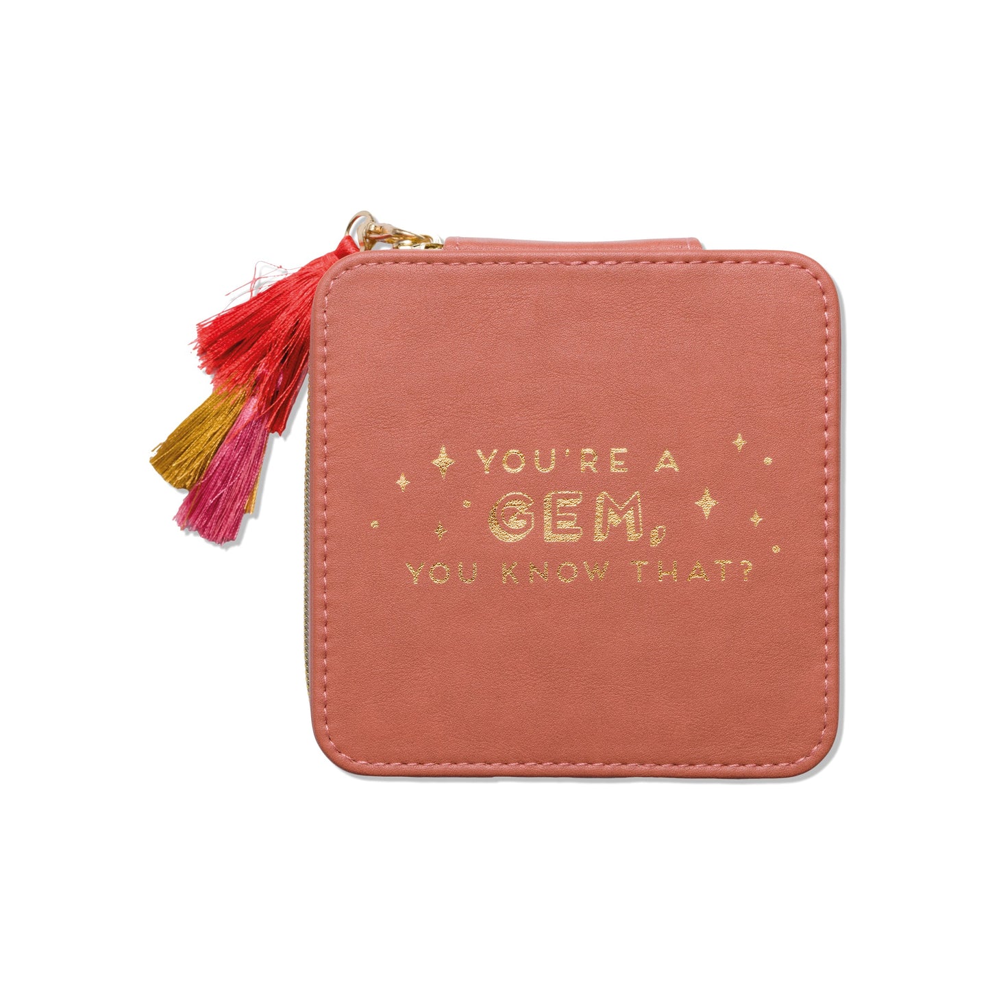 Square mini travel jewelry case with tassels and words printed "you're a Gem you know that?" on a white background