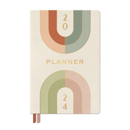 cream planner with mulit-coloured arched pattern on the front.