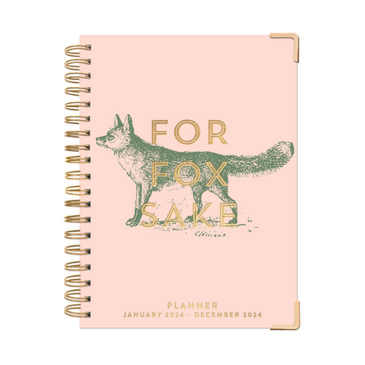 baby pink journal with "for fox sake" written on the front along with an image of a fox.