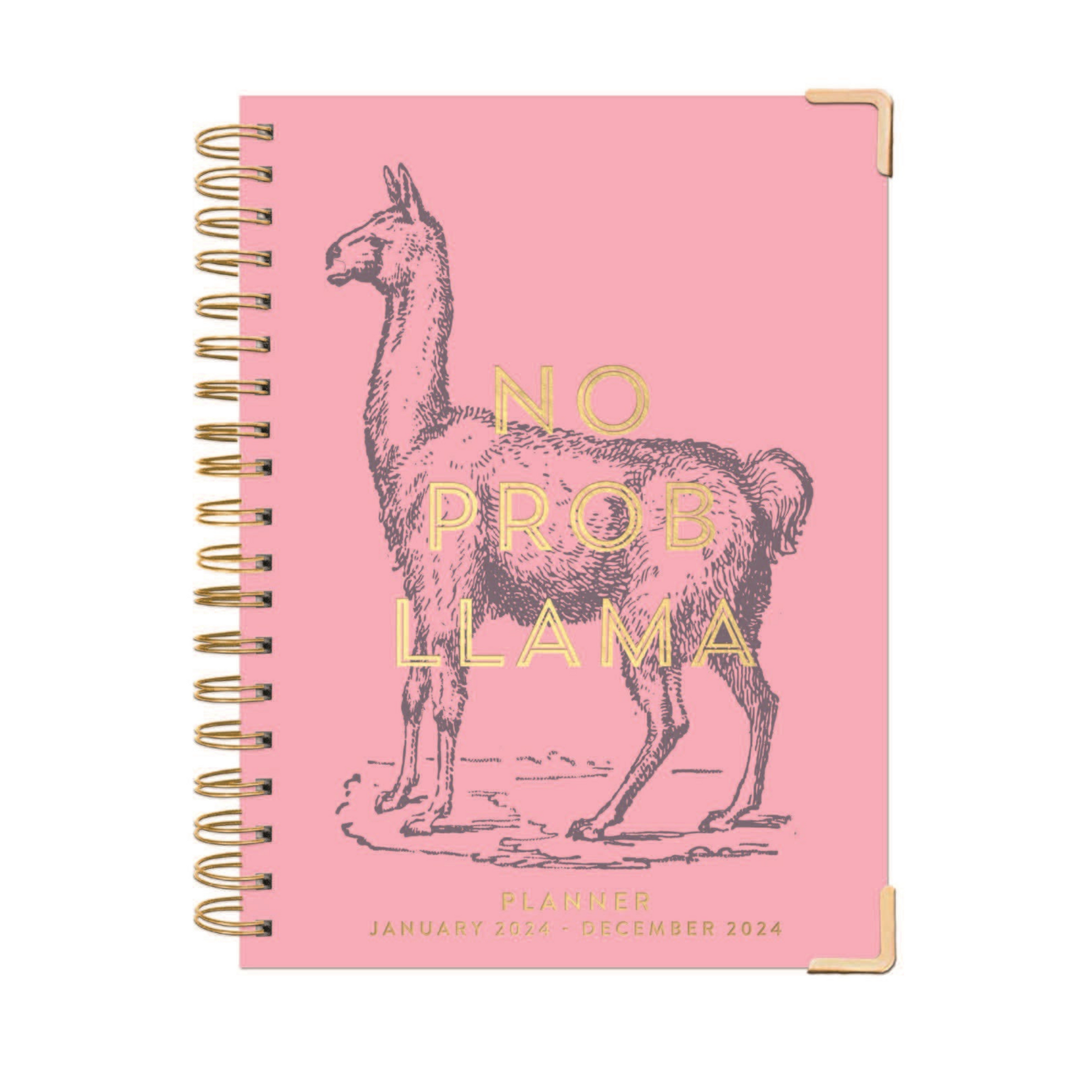 pink planner with "no prob llama" written on the front alongside a sketch of a llama.