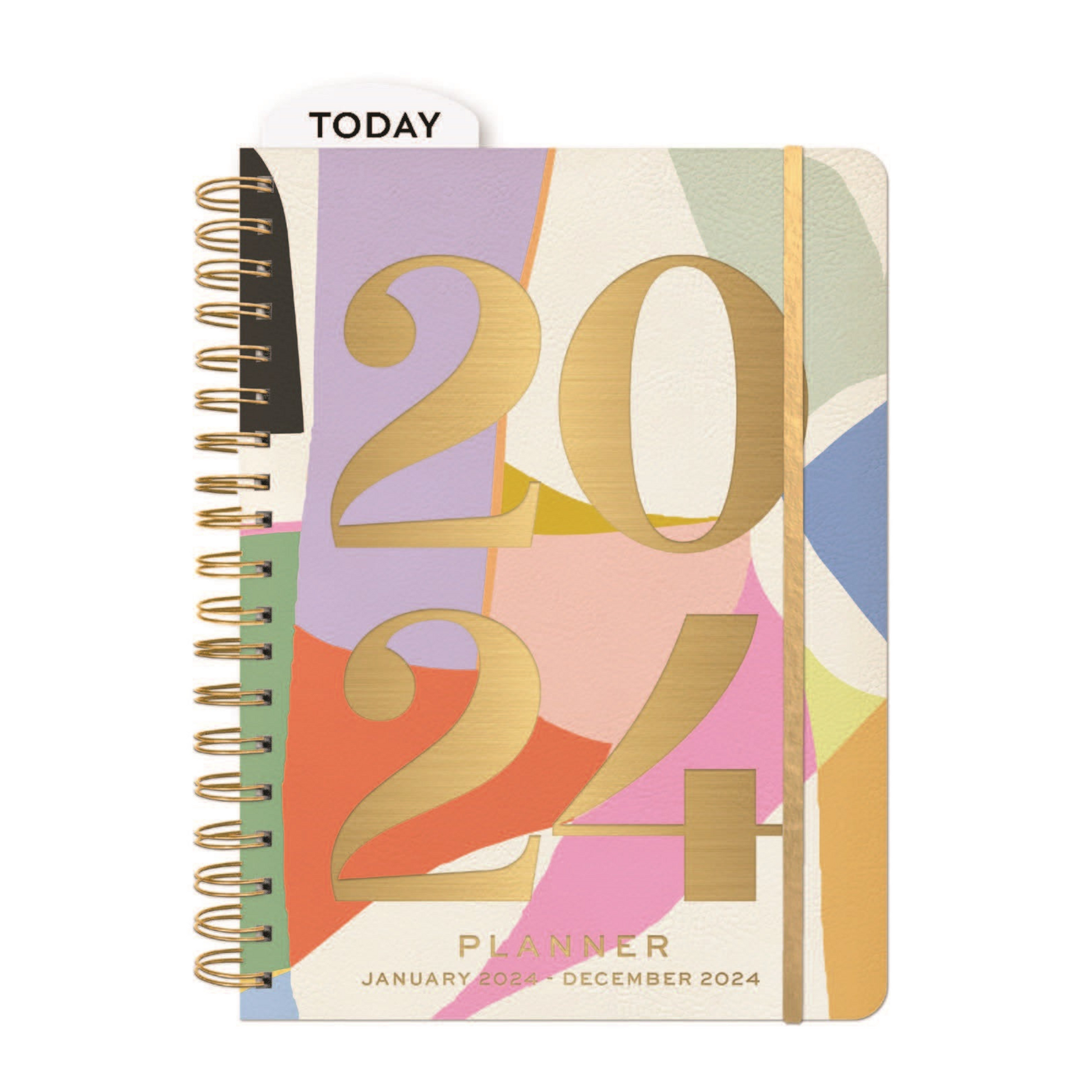 Planner on a white background with abstract and colourful design on the hard cover.