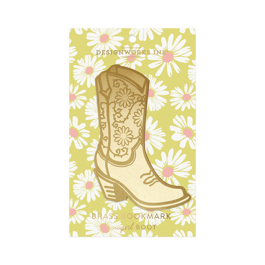 gold coloured cowgirl boot bookmark packaged in a green coloured slip with daisies illustrated on the package.