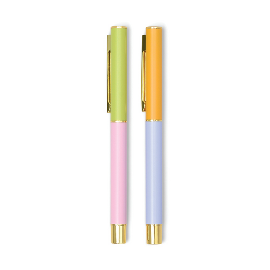 two colourful pens on a white background.