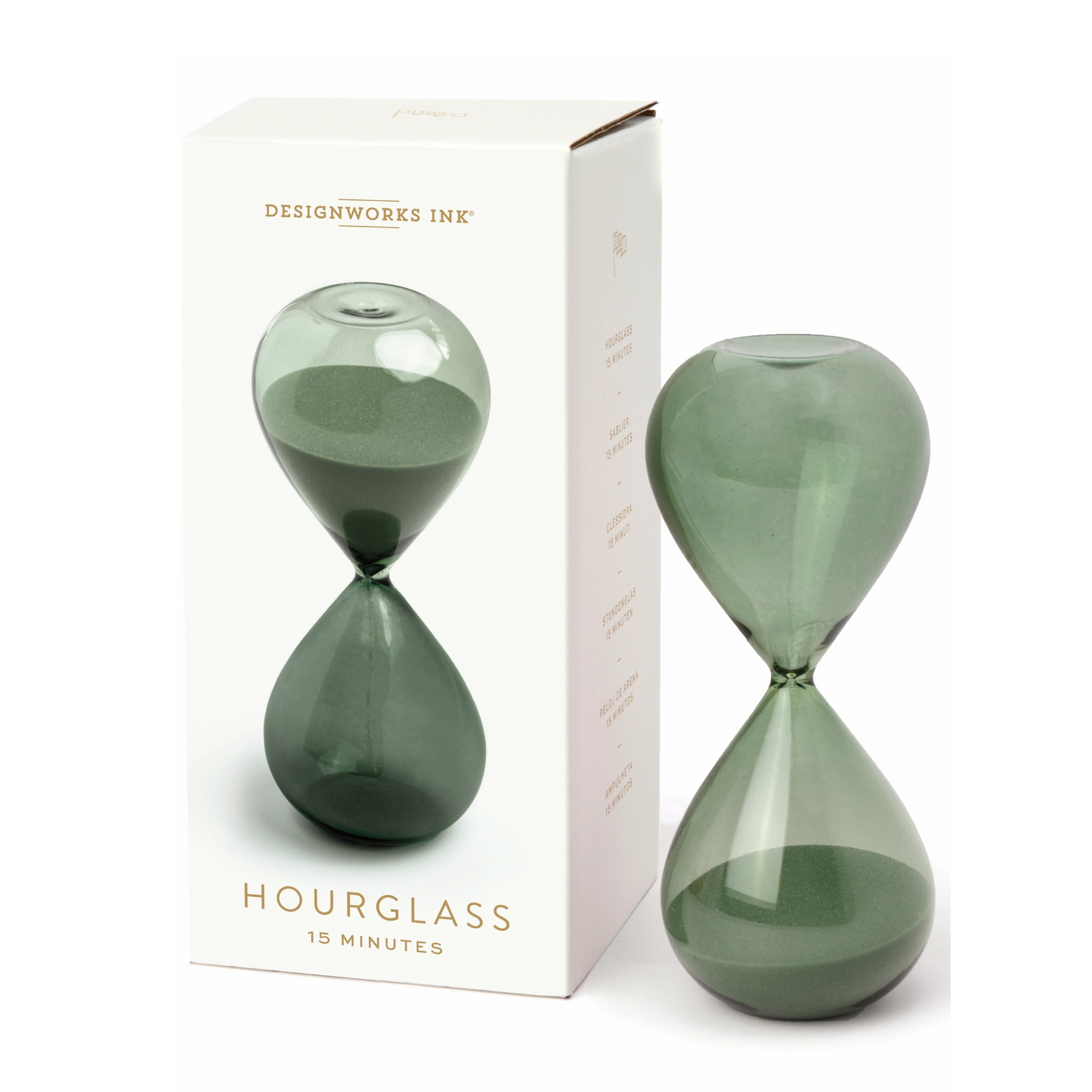 green hourglass standing next to a cream box with an image of the hourglass printed on the front.