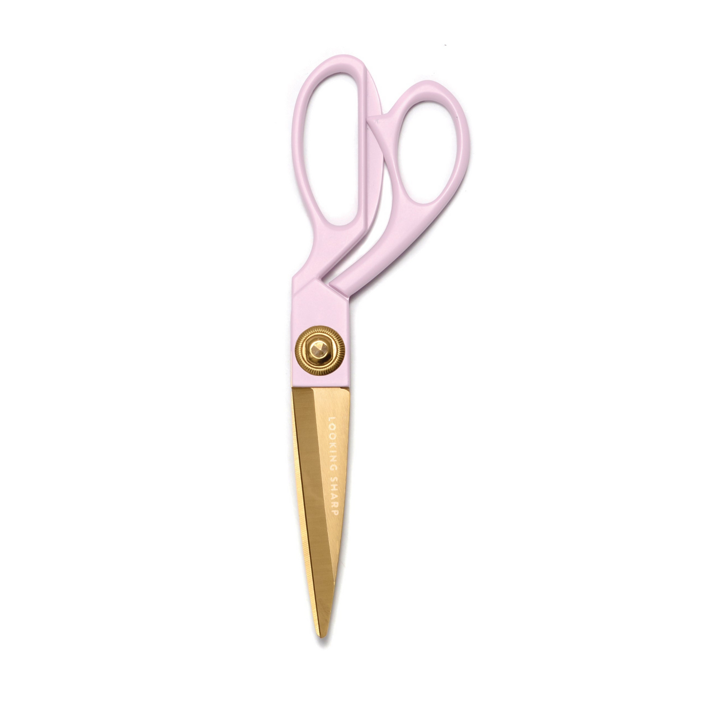 pink and gold scissors on a white background.
