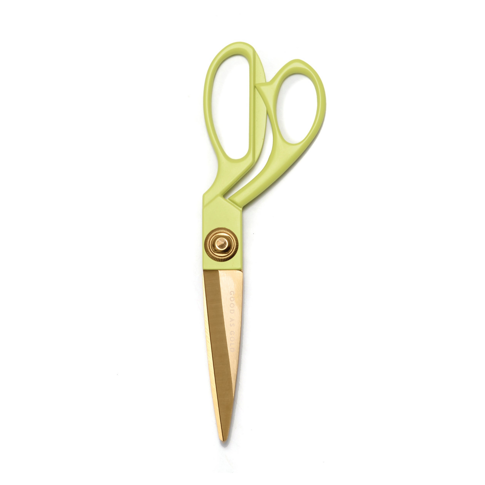 matcha green and gold scissors on a white background.