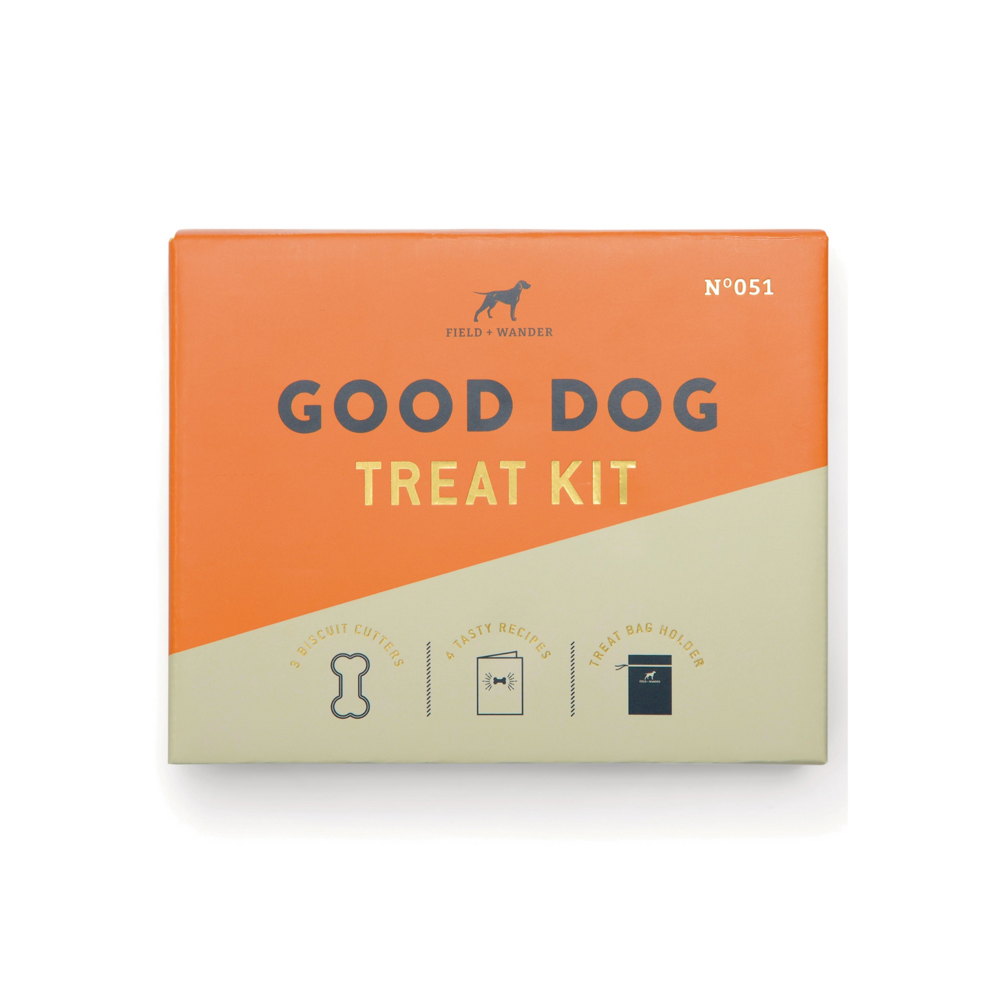 orange and cream box with "good dog treat kit" written on the front.