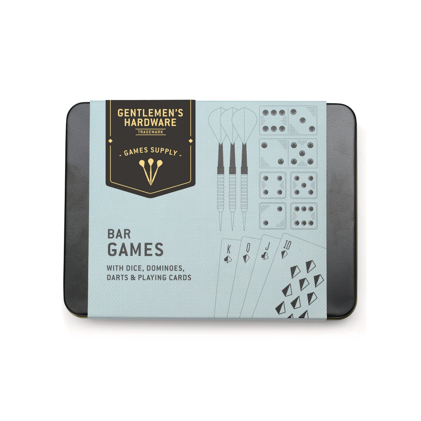 black tin with blue sleeve with sketchings of games on the front, on a white background.