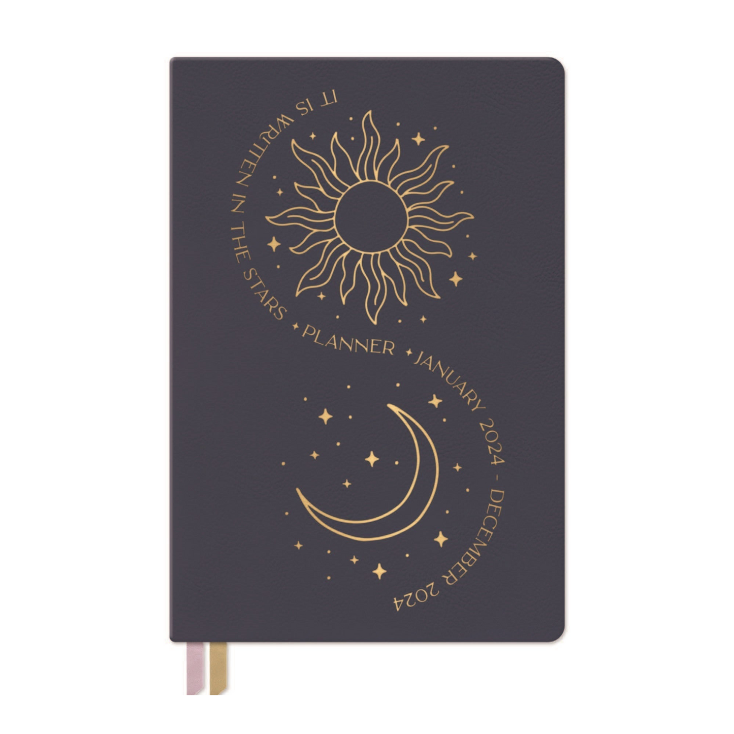 navy blue notebook with gold graphic and wording on the front on a white background.
