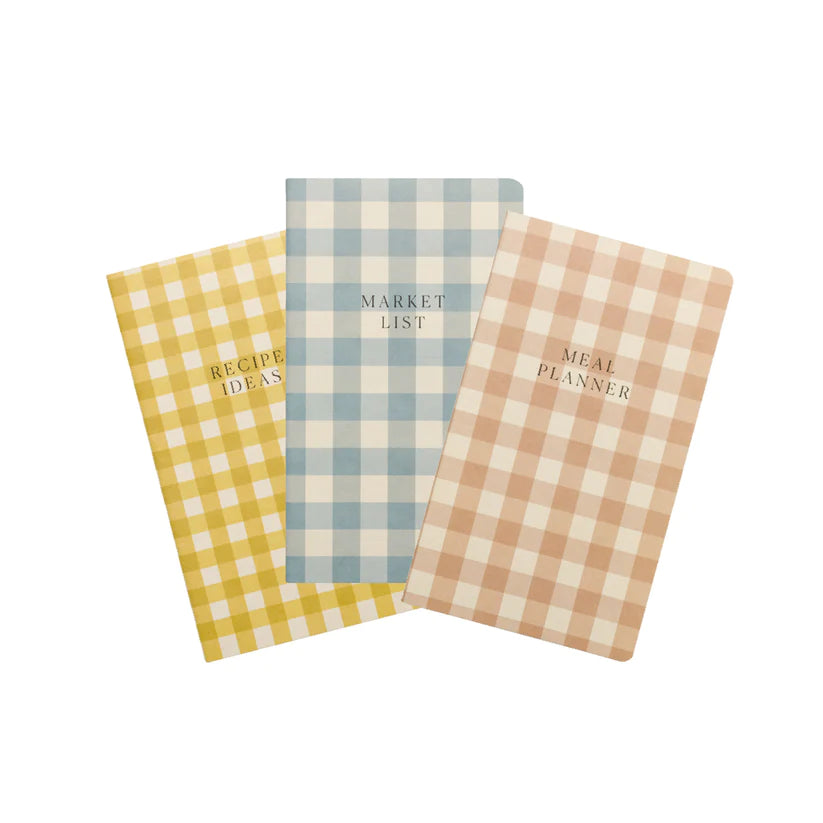 Set of three yellow, blue, and brown gingham planners.