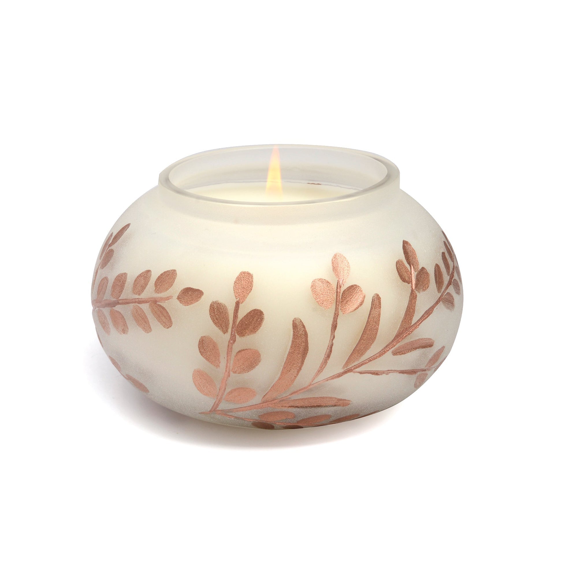 Cypress & Fir - 9oz Frosted White Glass with Copper Metallic Branch Etching candle on a white background.
