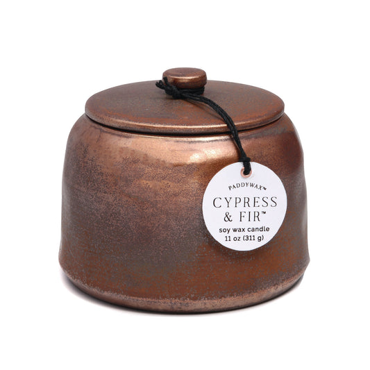 Cypress & Fir - 11oz Bronzed Glazed Ceramic Jar candle on a white background.