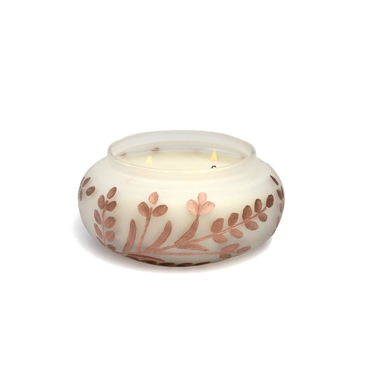 Cypress & Fir - 14oz Frosted White Glass with Copper Metallic Branch Etching candle on a white background.