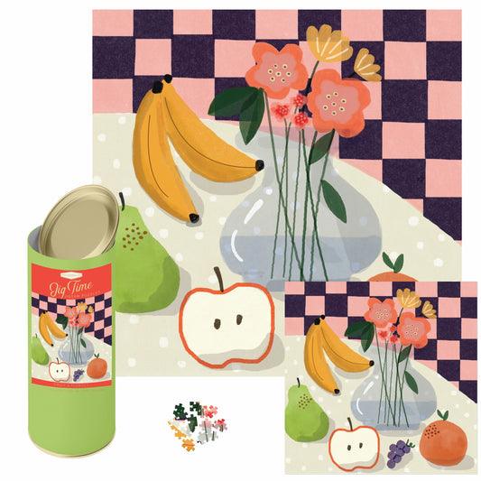 ThiThis puzzle features a fun and colourful arrangement of flowers and fruit with a checkerboard background.