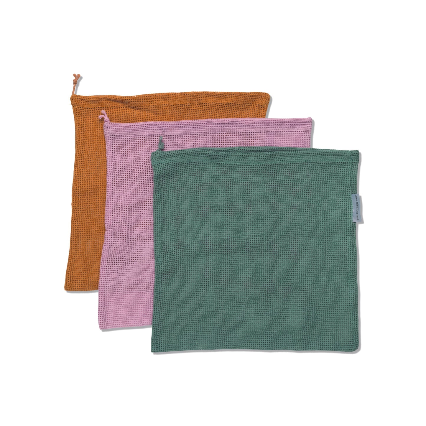Three market bags in maroon, pink and green