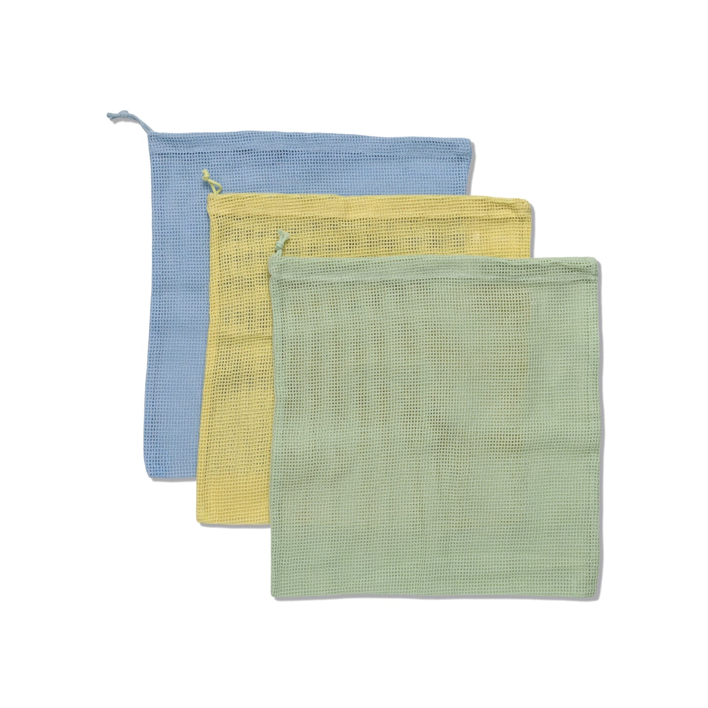 Three market bags in blue, yellow, and green.