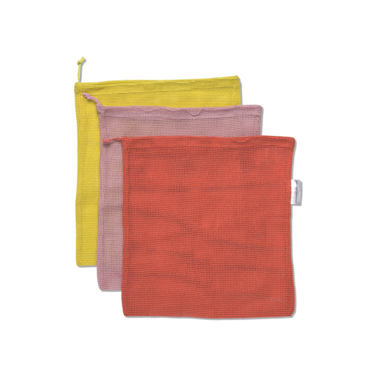 Set of three market bags in yellow, pink, and red.