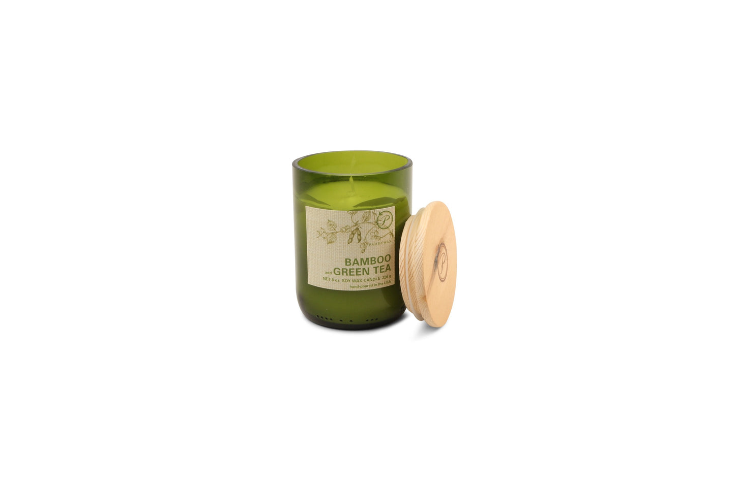 Green Recycled Glass Candle - Bamboo + Green Tea (226g)